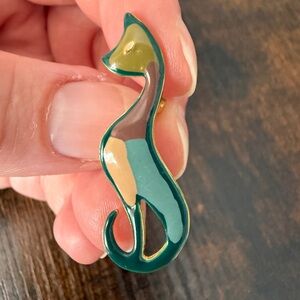 Vintage Enamel Cat Pin/brooch in Teal, Olive & Taupe